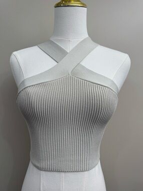 Aritzia Babaton Sculpt Knit Criss Cross Cropped Tank XS Beige Ribbed Top